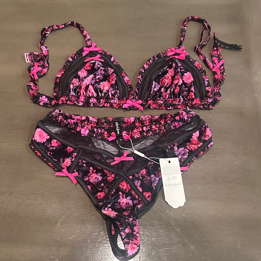 Love & Lemons Floral Black and Pink Lingerie Set Large Top & Medium panty